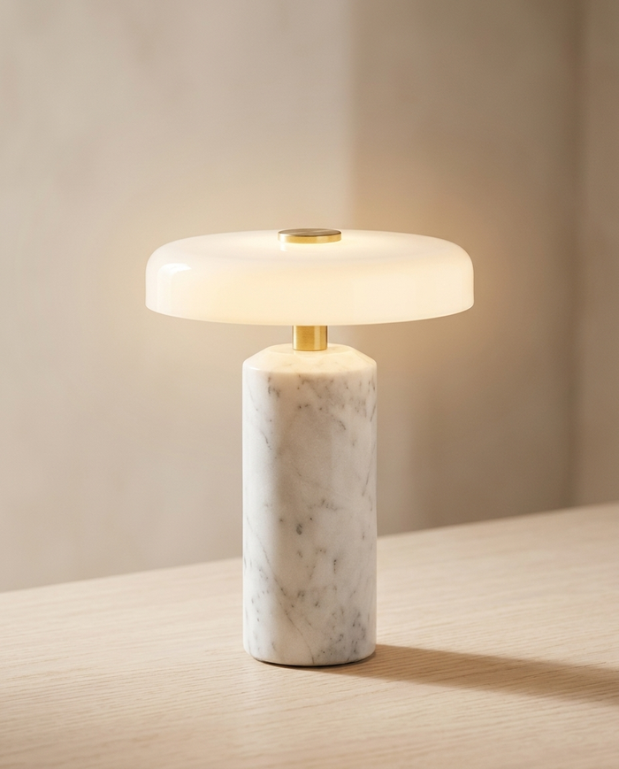 White marble rechargeable table lamp with frosted glass shade, glowing warm, Pale Meridian