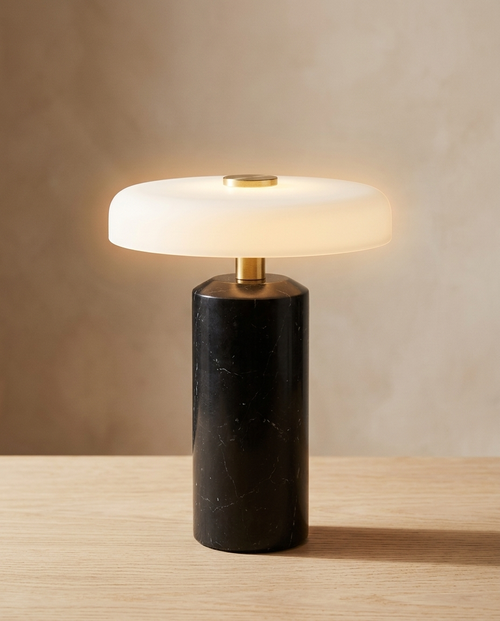 Black marble rechargeable table lamp with frosted glass shade, Pale Meridian