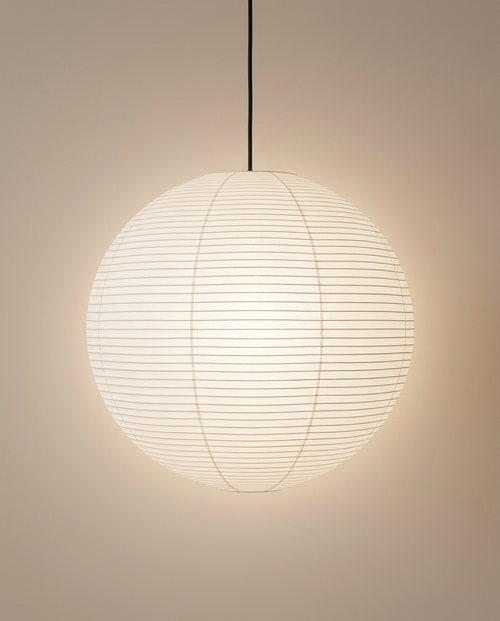 White rice paper globe pendant lantern glowing warm, Pale Meridian