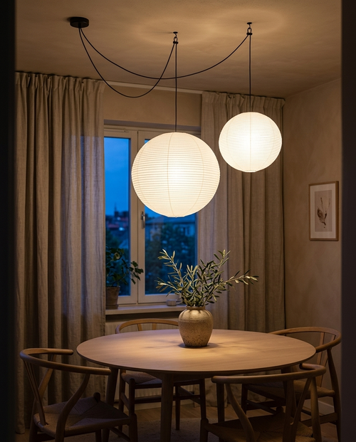 Pair of rice paper globe pendant lanterns glowing over a dining table at dusk, Pale Meridian