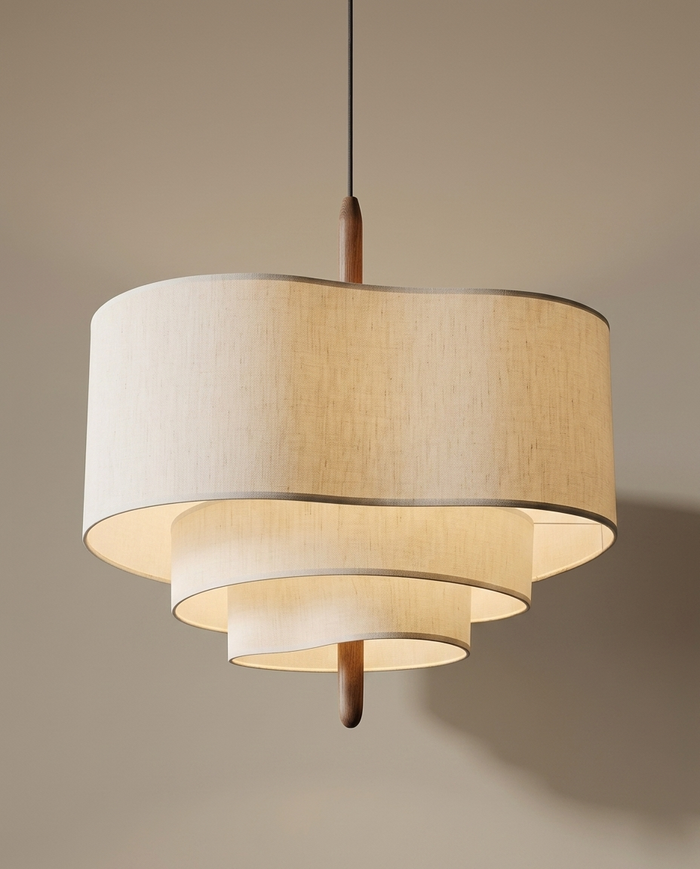 Tiered off-white linen pendant chandelier glowing in a warm interior, Pale Meridian