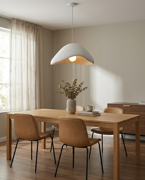White wabi-sabi dome pendant over a modern oak dining table, Pale Meridian